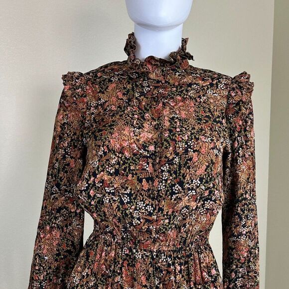 Vintage Norma Walter Women's Size 4 Floral Crepe Silk Ruffle Midi Dress Peasant - Picture 3 of 14